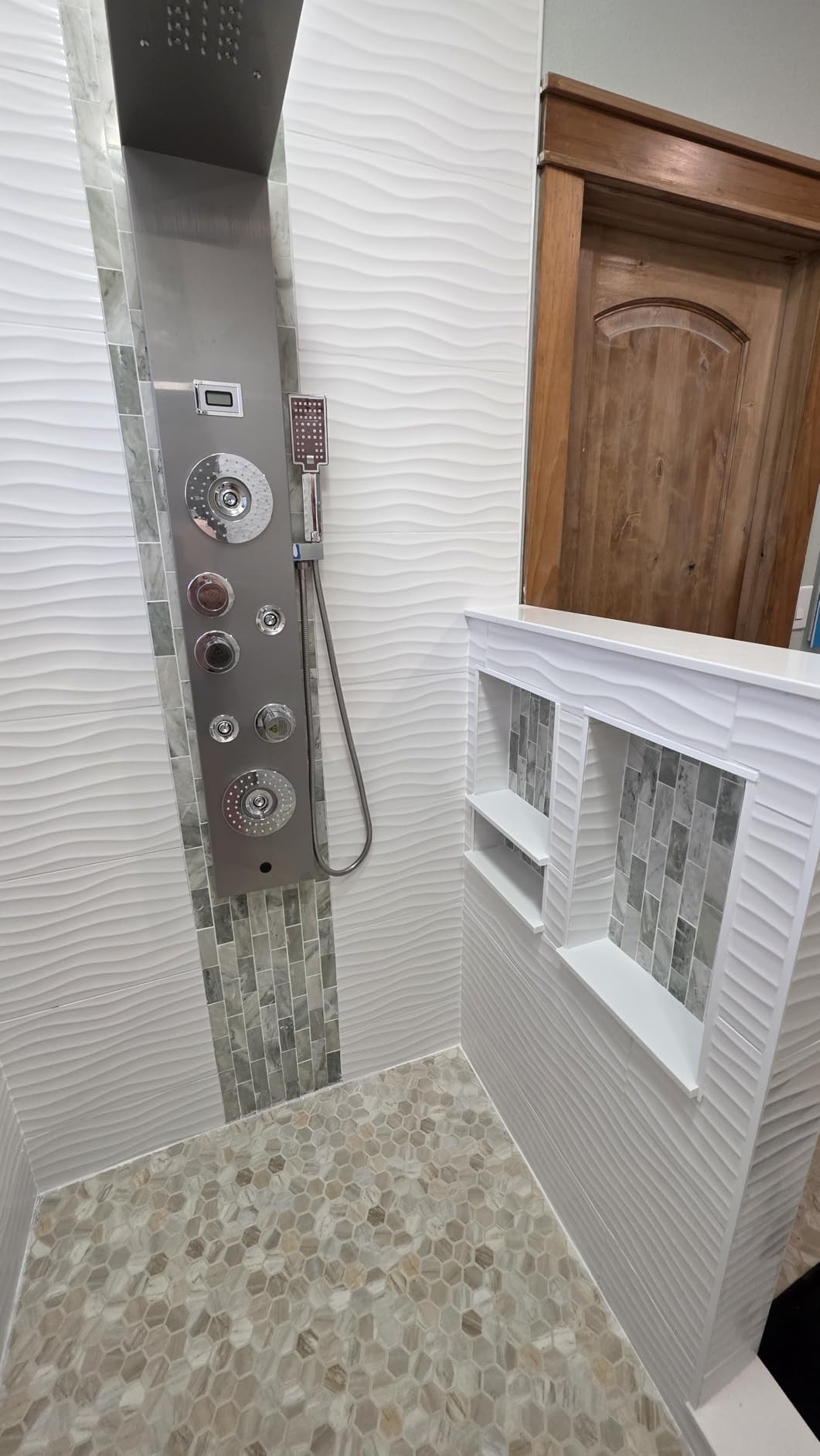 ELLO&ALLO Stainless Steel Shower Panel Tower System, LED Rainfall Waterfall Shower Head 6-Function Faucet Rain Massage System with Body Jets, Brushed Nickel customer photo 1