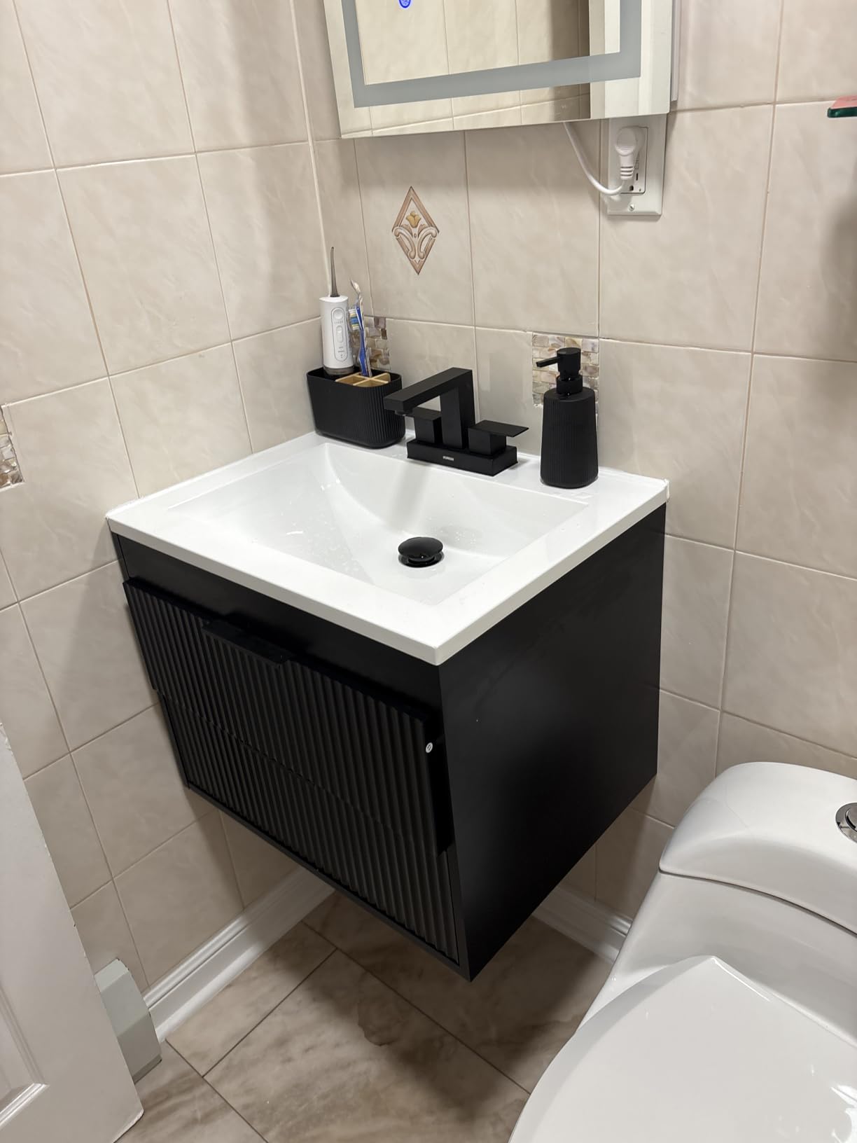 24 Inches Modern MDF Bathroom Vanity with Sink, Wall Mounted Floating Cabinets w/Double Drawers, Black Handles, White Resin Sink Combo Set (Black, 24